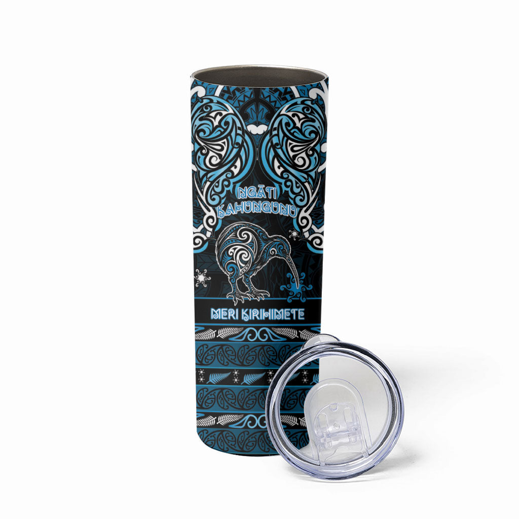 Personalised Ngati Kahungunu Aotearoa Meri Kirihimete Skinny Tumbler Maori Kiwi Bird Silver Fern Koru Pattern
