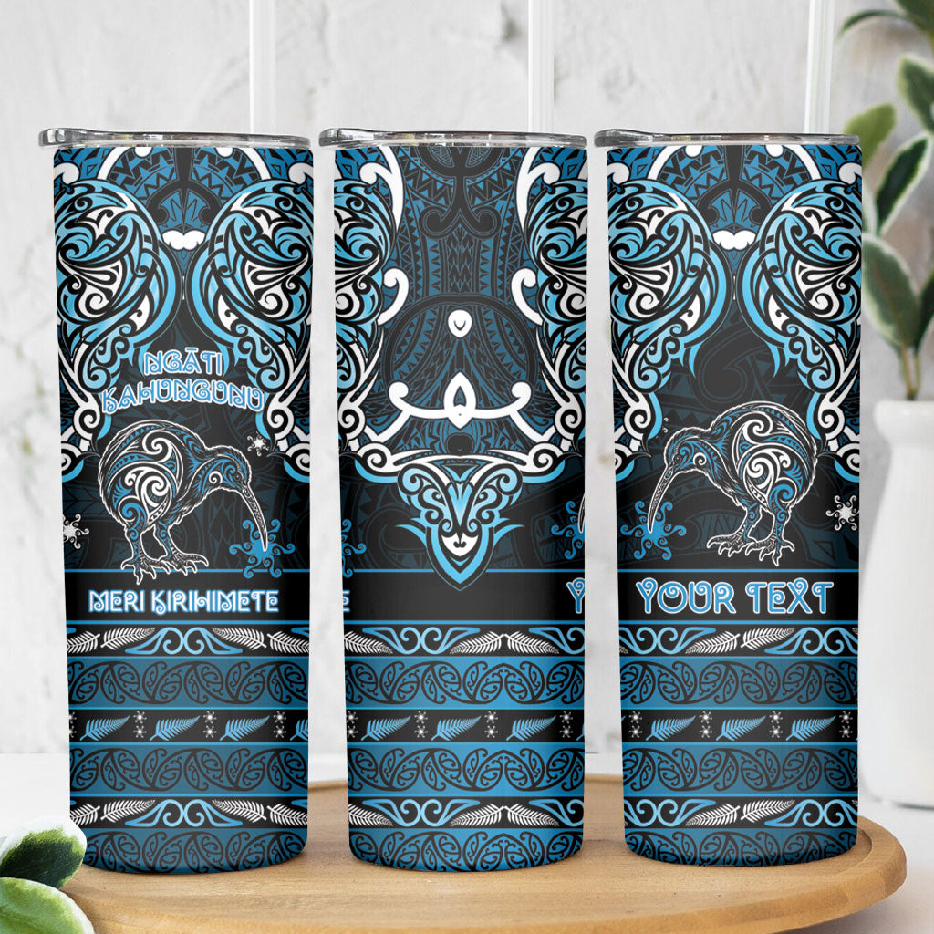 Personalised Ngati Kahungunu Aotearoa Meri Kirihimete Skinny Tumbler Maori Kiwi Bird Silver Fern Koru Pattern