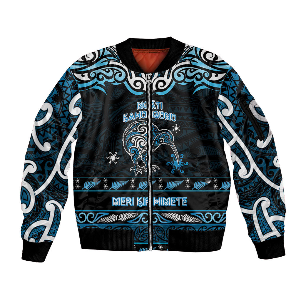 Personalised Ngati Kahungunu Aotearoa Meri Kirihimete Sleeve Zip Bomber Jacket Maori Kiwi Bird Silver Fern Koru Pattern