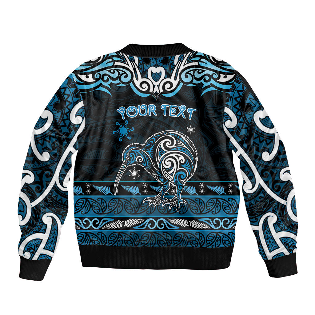Personalised Ngati Kahungunu Aotearoa Meri Kirihimete Sleeve Zip Bomber Jacket Maori Kiwi Bird Silver Fern Koru Pattern