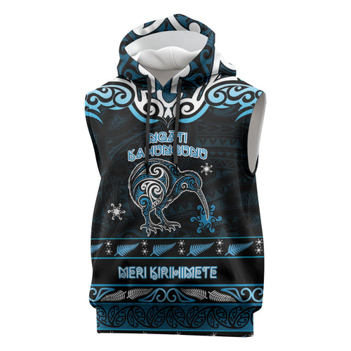 Personalised Ngati Kahungunu Aotearoa Meri Kirihimete Sleeveless Hoodie Maori Kiwi Bird Silver Fern Koru Pattern