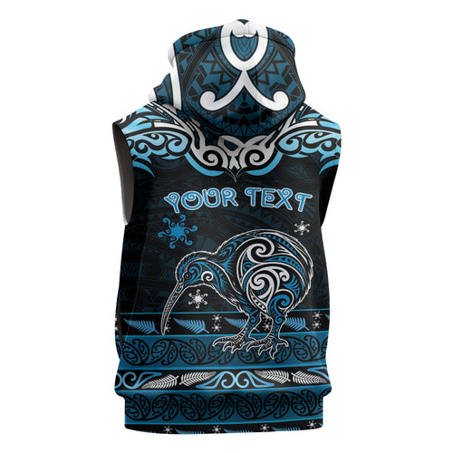 Personalised Ngati Kahungunu Aotearoa Meri Kirihimete Sleeveless Hoodie Maori Kiwi Bird Silver Fern Koru Pattern