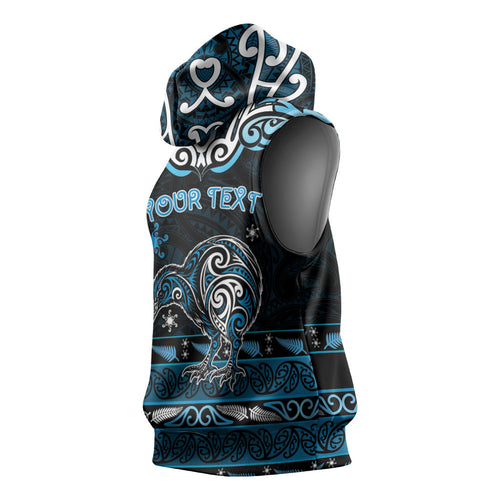 Personalised Ngati Kahungunu Aotearoa Meri Kirihimete Sleeveless Hoodie Maori Kiwi Bird Silver Fern Koru Pattern