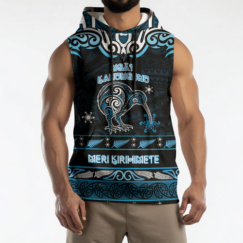 Personalised Ngati Kahungunu Aotearoa Meri Kirihimete Sleeveless Hoodie Maori Kiwi Bird Silver Fern Koru Pattern