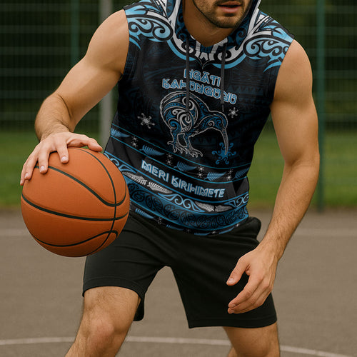 Personalised Ngati Kahungunu Aotearoa Meri Kirihimete Sleeveless Hoodie Maori Kiwi Bird Silver Fern Koru Pattern