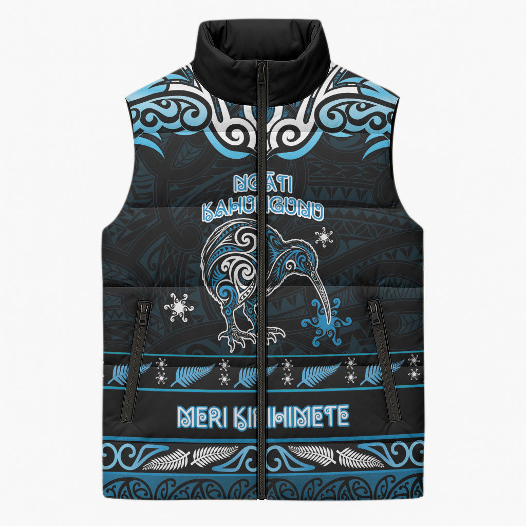 Personalised Ngati Kahungunu Aotearoa Meri Kirihimete Sleeveless Puffer Jacket Maori Kiwi Bird Silver Fern Koru Pattern
