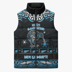 Personalised Ngati Kahungunu Aotearoa Meri Kirihimete Sleeveless Puffer Jacket Maori Kiwi Bird Silver Fern Koru Pattern