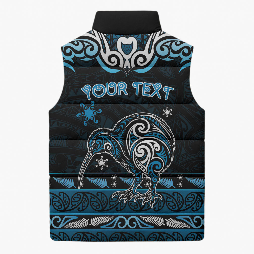 Personalised Ngati Kahungunu Aotearoa Meri Kirihimete Sleeveless Puffer Jacket Maori Kiwi Bird Silver Fern Koru Pattern