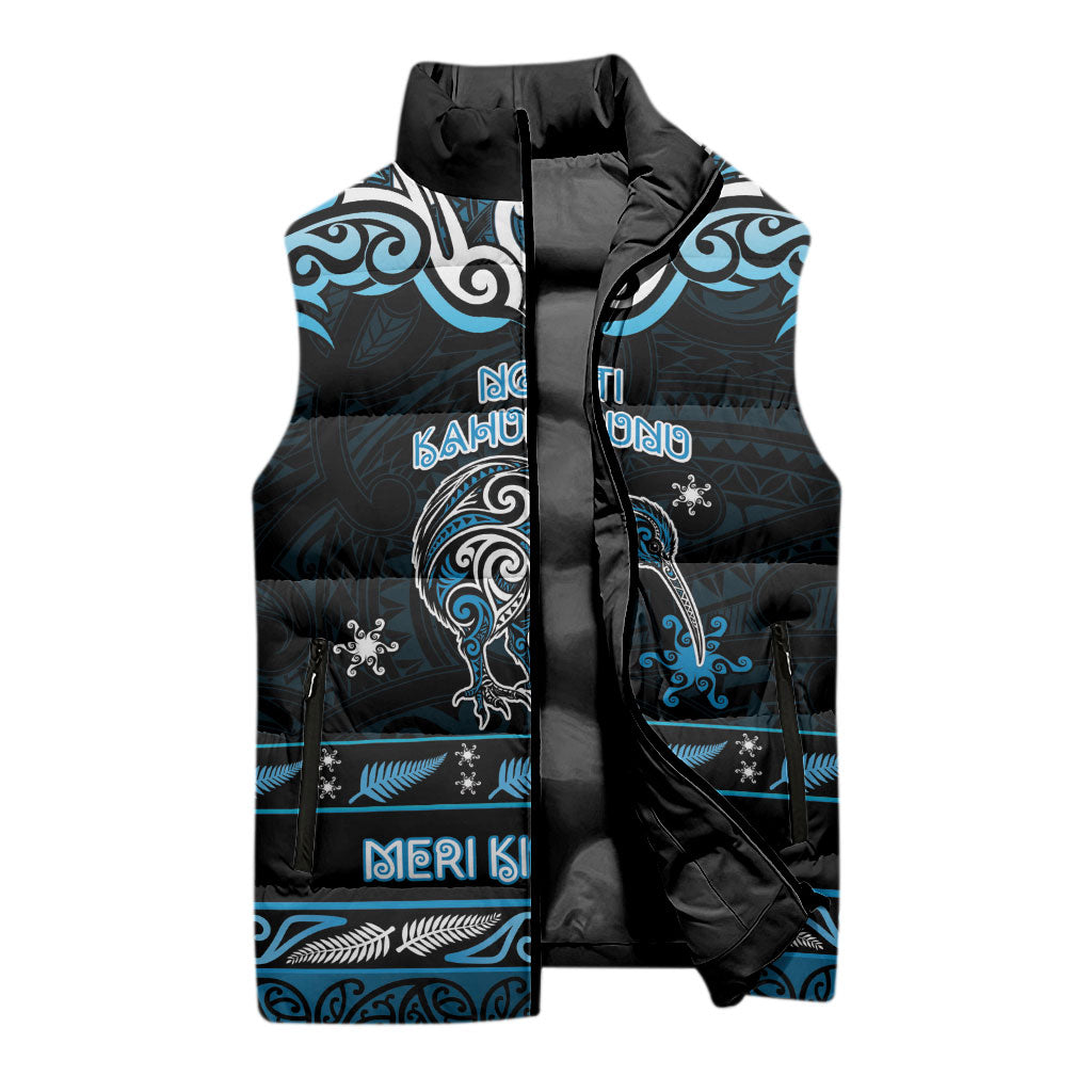 Personalised Ngati Kahungunu Aotearoa Meri Kirihimete Sleeveless Puffer Jacket Maori Kiwi Bird Silver Fern Koru Pattern