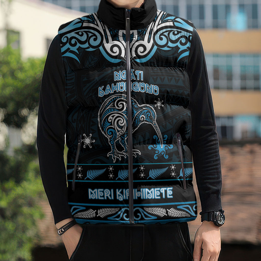 Personalised Ngati Kahungunu Aotearoa Meri Kirihimete Sleeveless Puffer Jacket Maori Kiwi Bird Silver Fern Koru Pattern