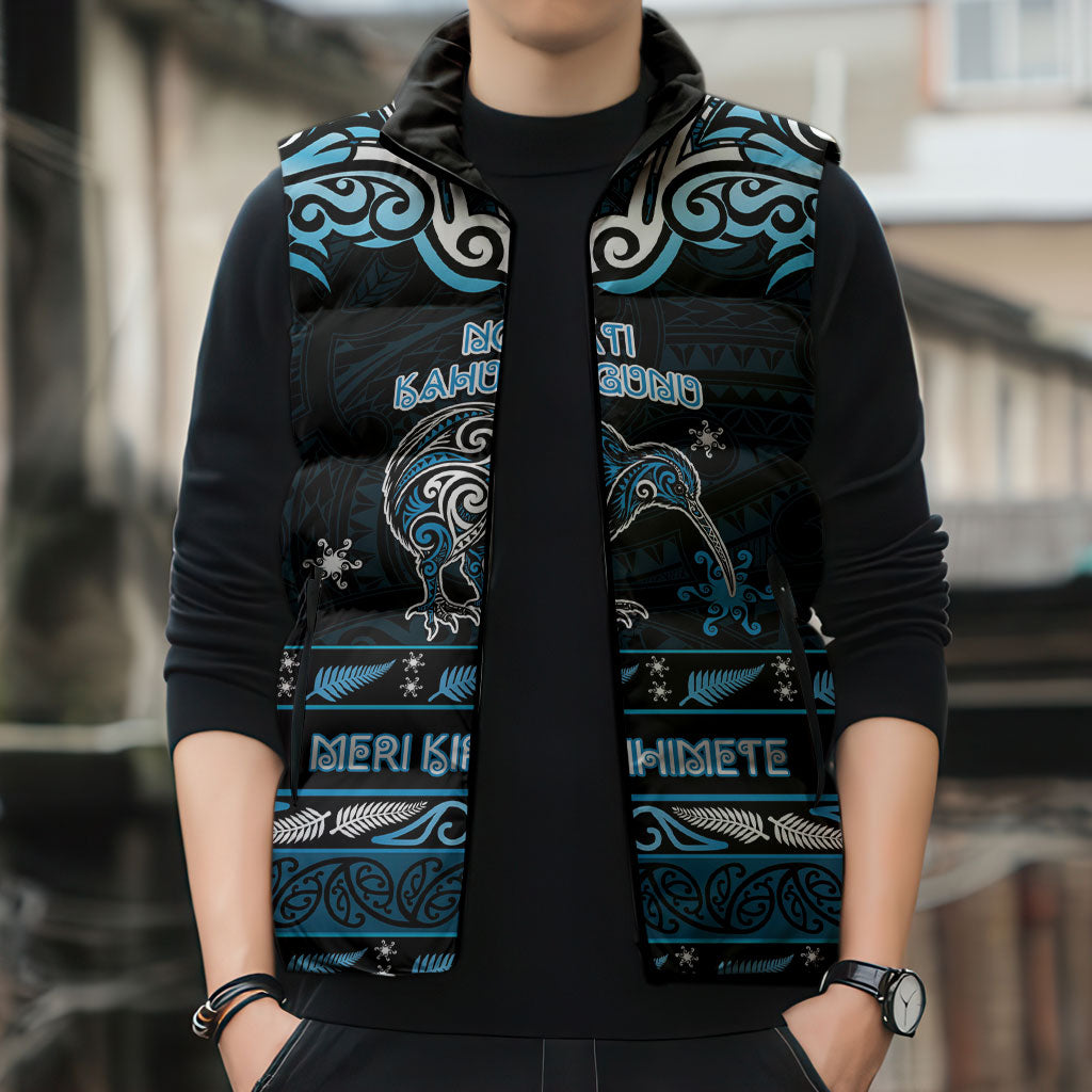 Personalised Ngati Kahungunu Aotearoa Meri Kirihimete Sleeveless Puffer Jacket Maori Kiwi Bird Silver Fern Koru Pattern