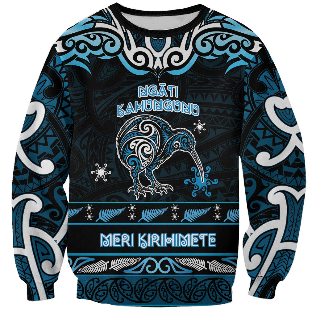 Personalised Ngati Kahungunu Aotearoa Meri Kirihimete Sweatshirt Maori Kiwi Bird Silver Fern Koru Pattern