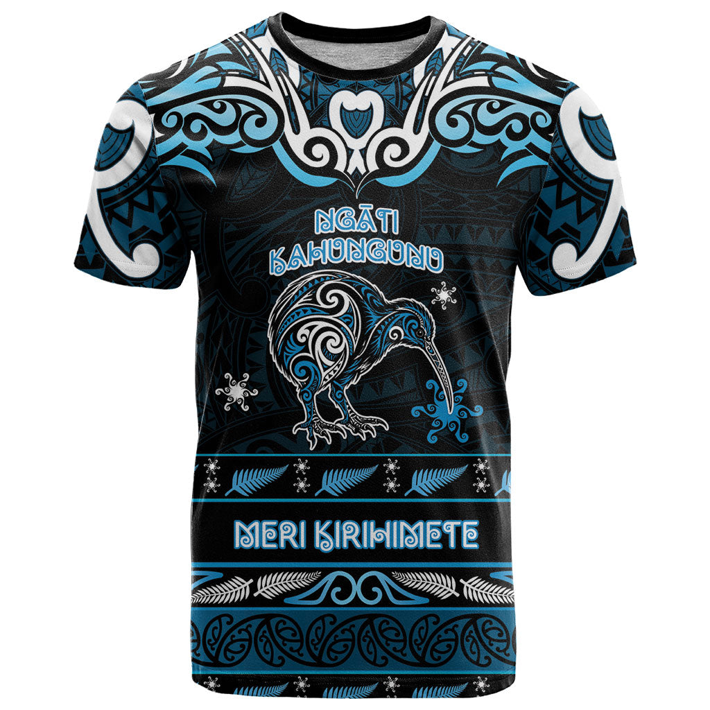 Personalised Ngati Kahungunu Aotearoa Meri Kirihimete T Shirt Maori Kiwi Bird Silver Fern Koru Pattern