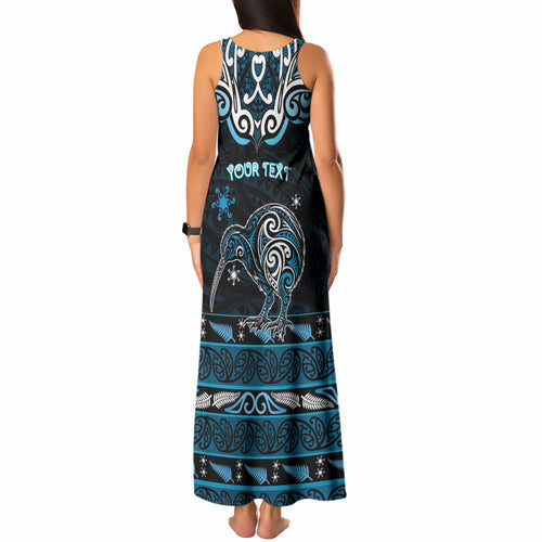 Personalised Ngati Kahungunu Aotearoa Meri Kirihimete Tank Maxi Dress Maori Kiwi Bird Silver Fern Koru Pattern