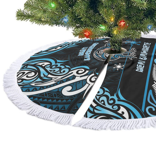 Ngati Kahungunu Aotearoa Meri Kirihimete Tree Skirt Maori Kiwi Bird Silver Fern Koru Pattern