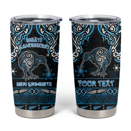 Personalised Ngati Kahungunu Aotearoa Meri Kirihimete Tumbler Cup Maori Kiwi Bird Silver Fern Koru Pattern