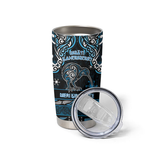 Personalised Ngati Kahungunu Aotearoa Meri Kirihimete Tumbler Cup Maori Kiwi Bird Silver Fern Koru Pattern