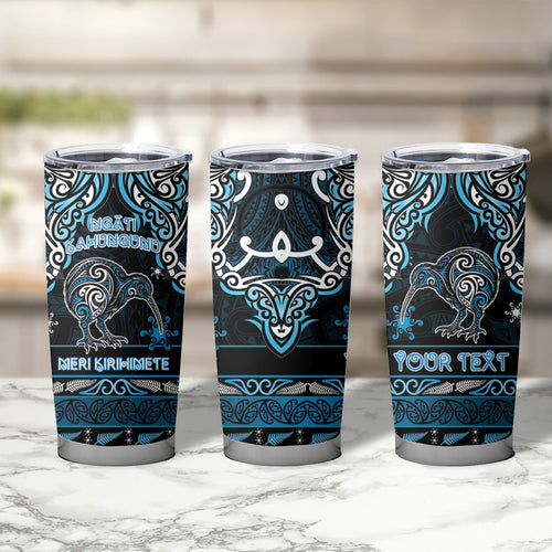 Personalised Ngati Kahungunu Aotearoa Meri Kirihimete Tumbler Cup Maori Kiwi Bird Silver Fern Koru Pattern