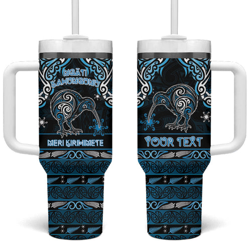 Personalised Ngati Kahungunu Aotearoa Meri Kirihimete Tumbler With Handle Maori Kiwi Bird Silver Fern Koru Pattern