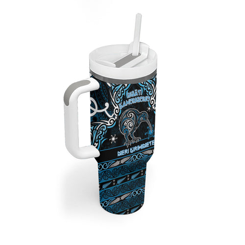 Personalised Ngati Kahungunu Aotearoa Meri Kirihimete Tumbler With Handle Maori Kiwi Bird Silver Fern Koru Pattern