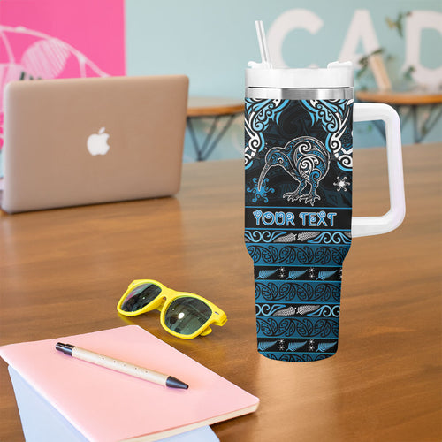 Personalised Ngati Kahungunu Aotearoa Meri Kirihimete Tumbler With Handle Maori Kiwi Bird Silver Fern Koru Pattern