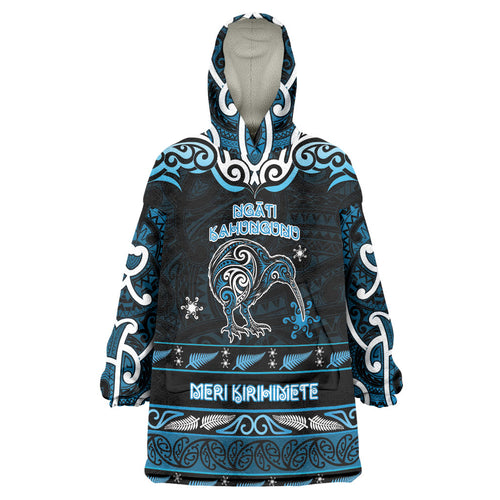 Personalised Ngati Kahungunu Aotearoa Meri Kirihimete Wearable Blanket Hoodie Maori Kiwi Bird Silver Fern Koru Pattern