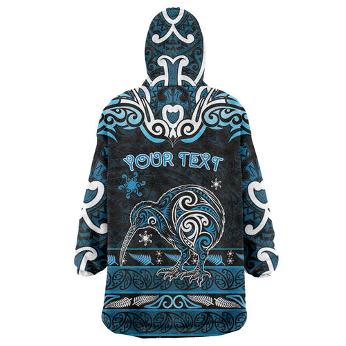 Personalised Ngati Kahungunu Aotearoa Meri Kirihimete Wearable Blanket Hoodie Maori Kiwi Bird Silver Fern Koru Pattern