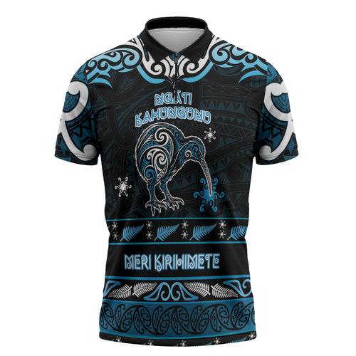 Personalised Ngati Kahungunu Aotearoa Meri Kirihimete Zipper Polo Shirt Maori Kiwi Bird Silver Fern Koru Pattern