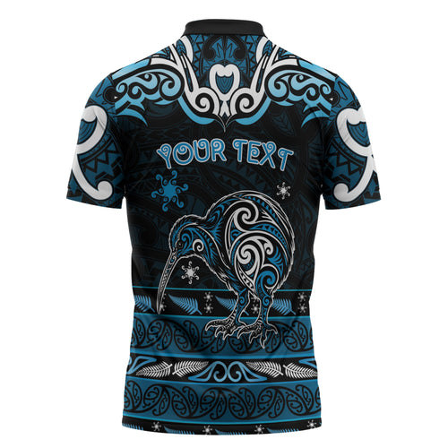 Personalised Ngati Kahungunu Aotearoa Meri Kirihimete Zipper Polo Shirt Maori Kiwi Bird Silver Fern Koru Pattern