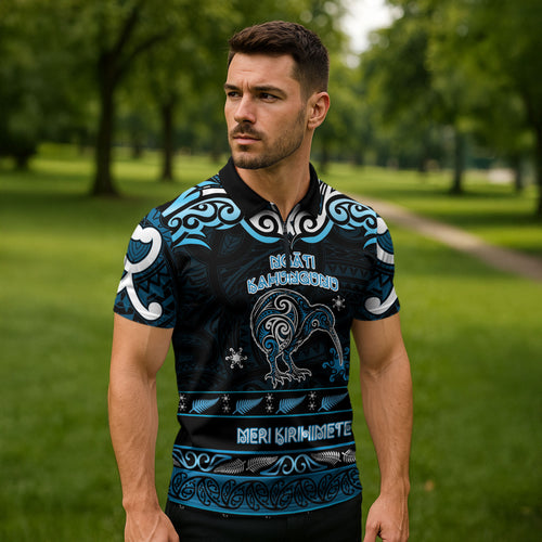 Personalised Ngati Kahungunu Aotearoa Meri Kirihimete Zipper Polo Shirt Maori Kiwi Bird Silver Fern Koru Pattern