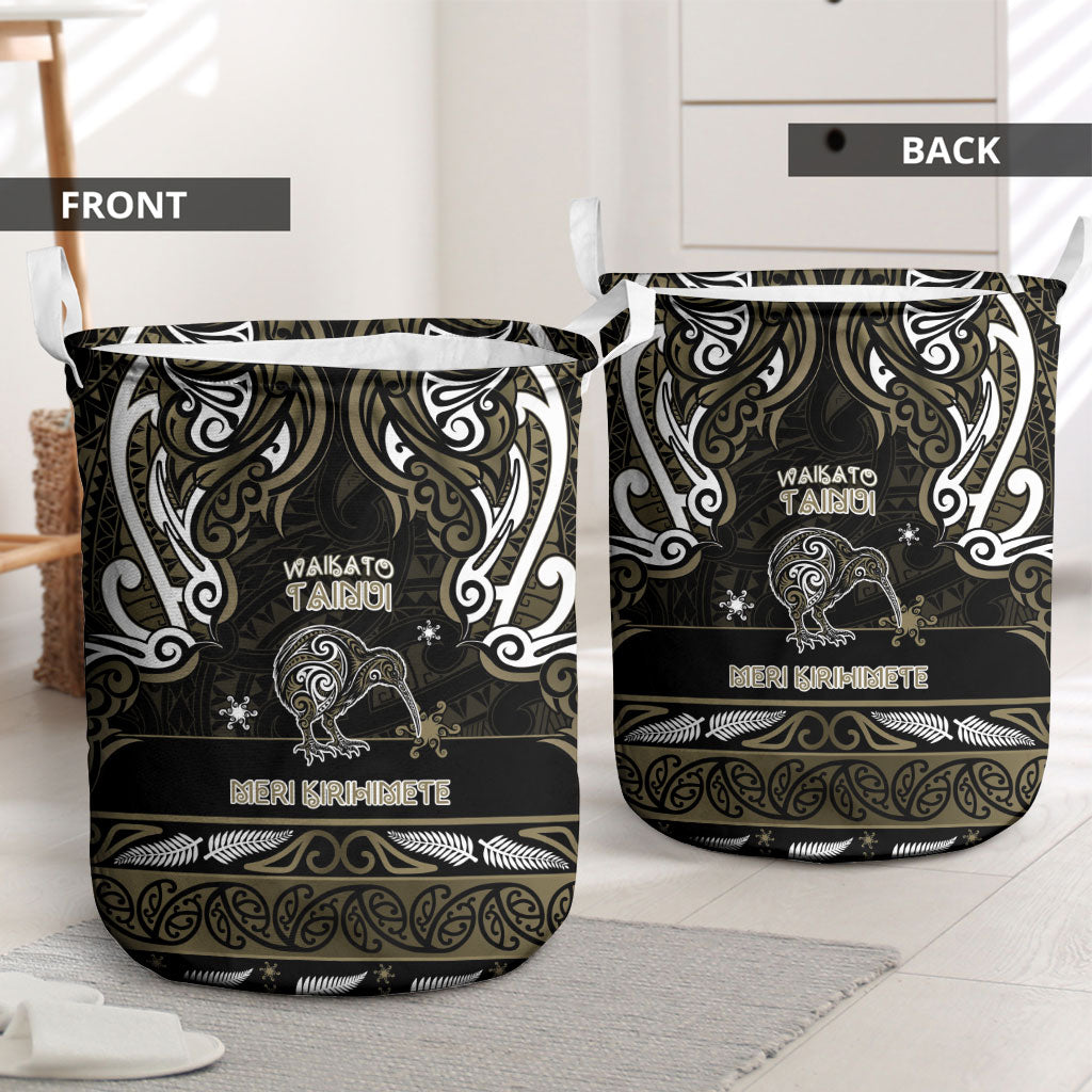 Waikato Tainui Aotearoa Meri Kirihimete Laundry Basket Maori Kiwi Bird Silver Fern Koru Pattern