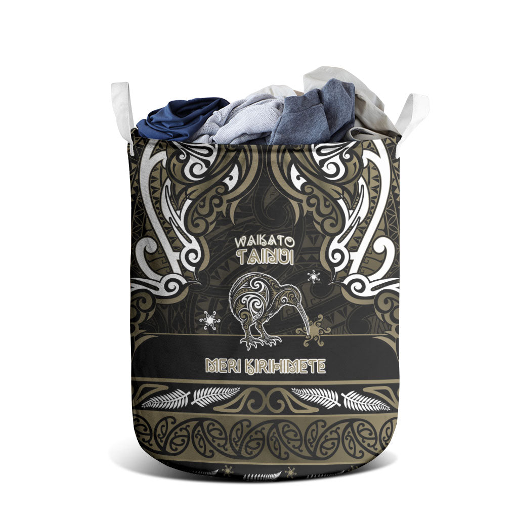 Waikato Tainui Aotearoa Meri Kirihimete Laundry Basket Maori Kiwi Bird Silver Fern Koru Pattern
