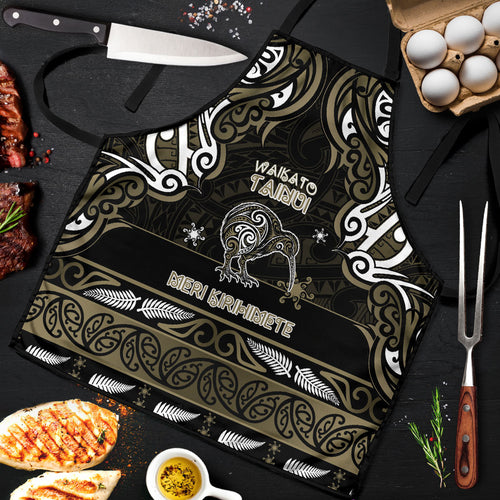 Waikato Tainui Aotearoa Meri Kirihimete Apron Maori Kiwi Bird Silver Fern Koru Pattern