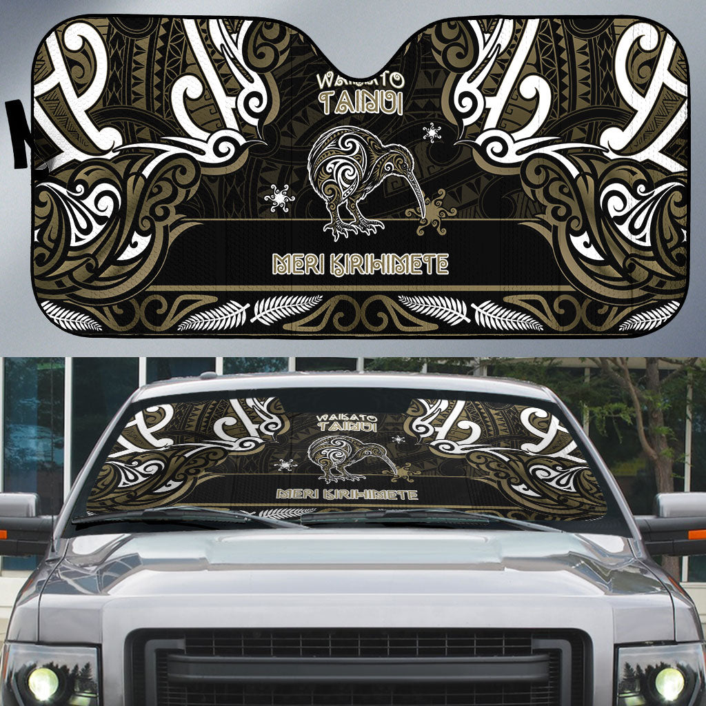 Waikato Tainui Aotearoa Meri Kirihimete Auto Sun Shade Maori Kiwi Bird Silver Fern Koru Pattern