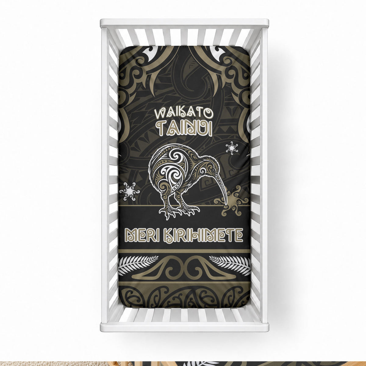 Waikato Tainui Aotearoa Meri Kirihimete Baby Bed Cover Maori Kiwi Bird Silver Fern Koru Pattern
