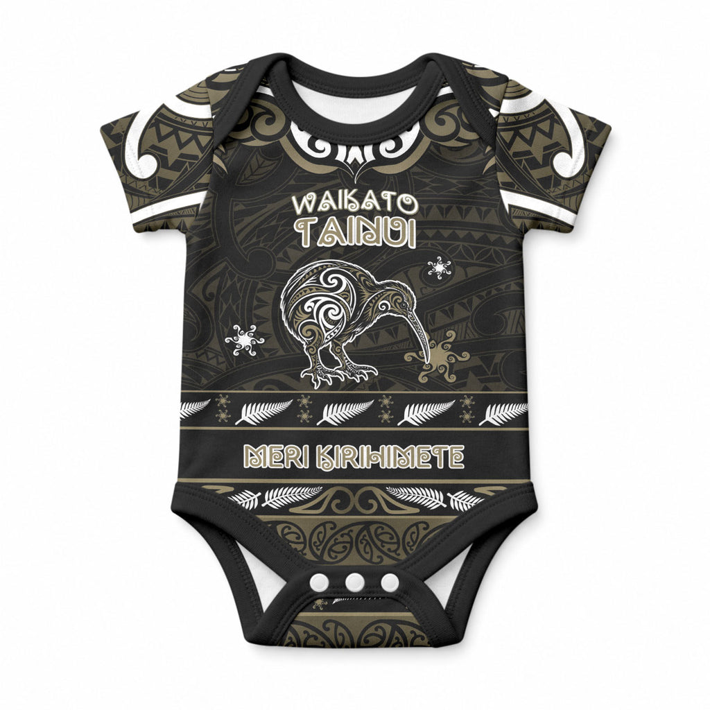 Personalised Waikato Tainui Aotearoa Meri Kirihimete Baby Onesie Maori Kiwi Bird Silver Fern Koru Pattern