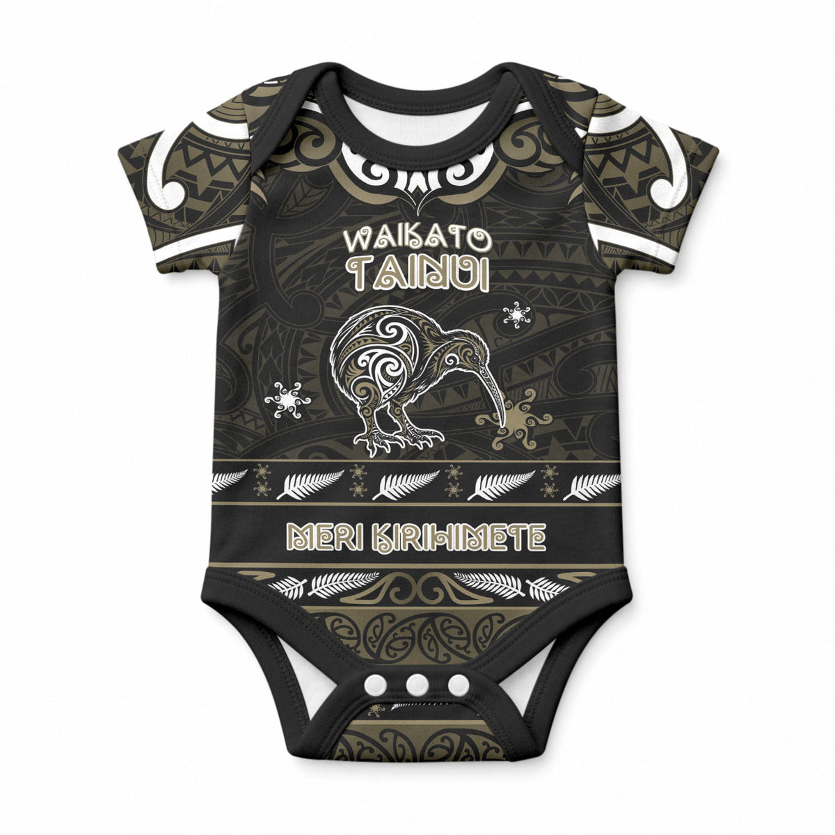 Personalised Waikato Tainui Aotearoa Meri Kirihimete Baby Onesie Maori Kiwi Bird Silver Fern Koru Pattern