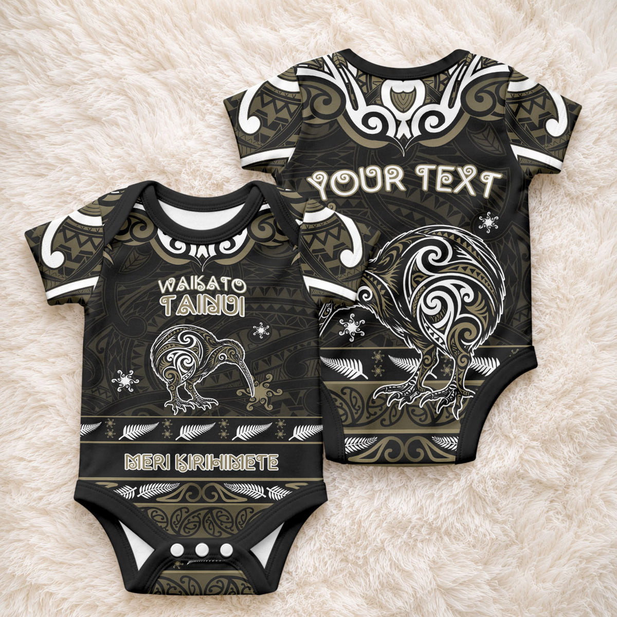 Personalised Waikato Tainui Aotearoa Meri Kirihimete Baby Onesie Maori Kiwi Bird Silver Fern Koru Pattern