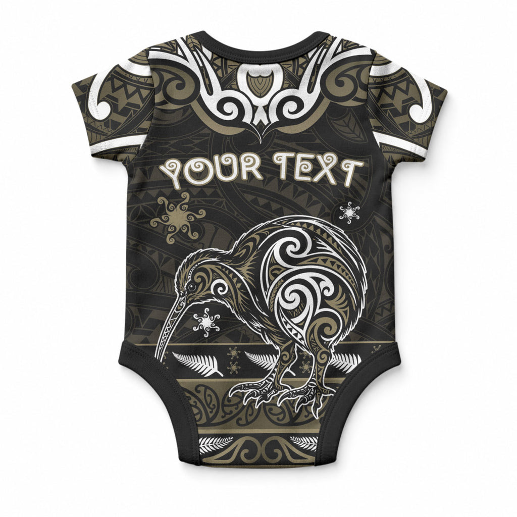 Personalised Waikato Tainui Aotearoa Meri Kirihimete Baby Onesie Maori Kiwi Bird Silver Fern Koru Pattern