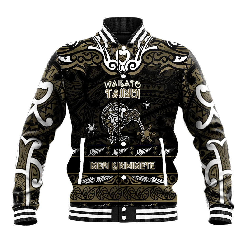 Personalised Waikato Tainui Aotearoa Meri Kirihimete Baseball Jacket Maori Kiwi Bird Silver Fern Koru Pattern