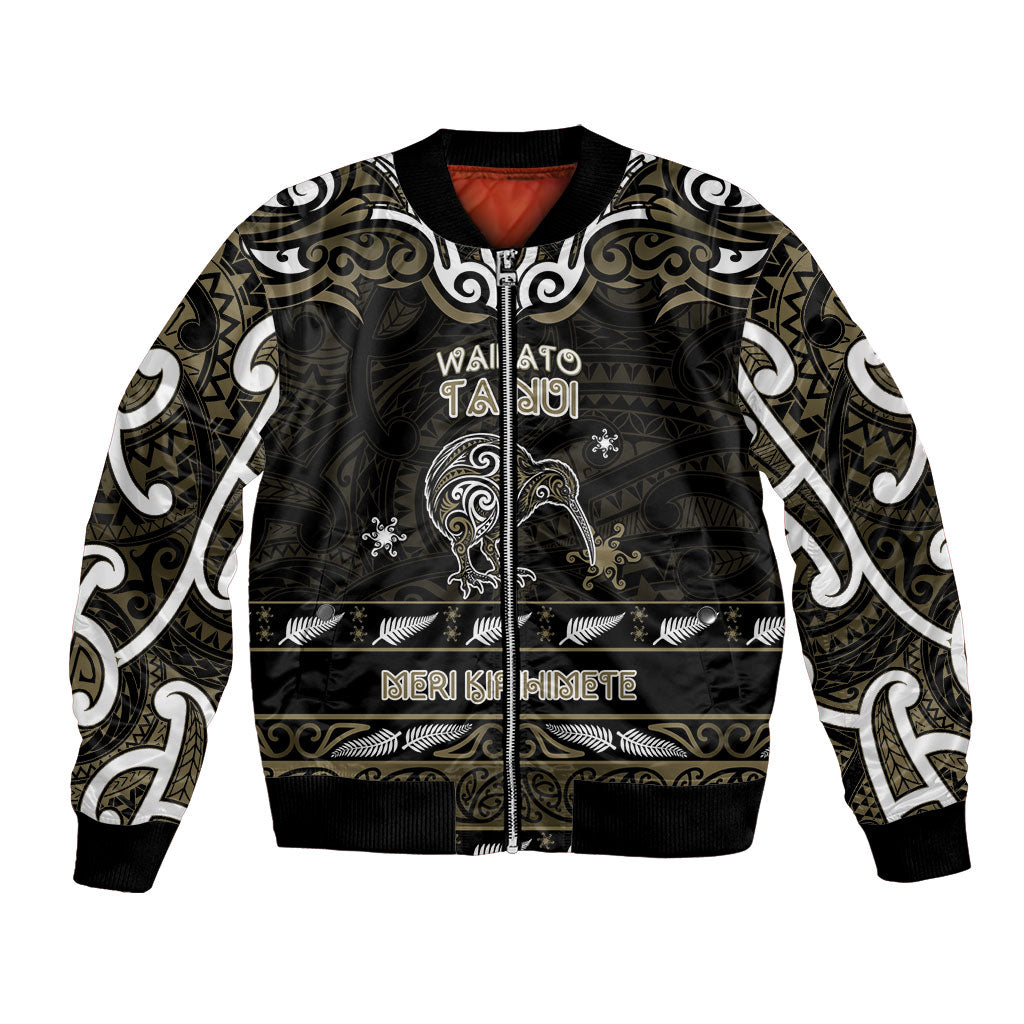 Personalised Waikato Tainui Aotearoa Meri Kirihimete Bomber Jacket Maori Kiwi Bird Silver Fern Koru Pattern