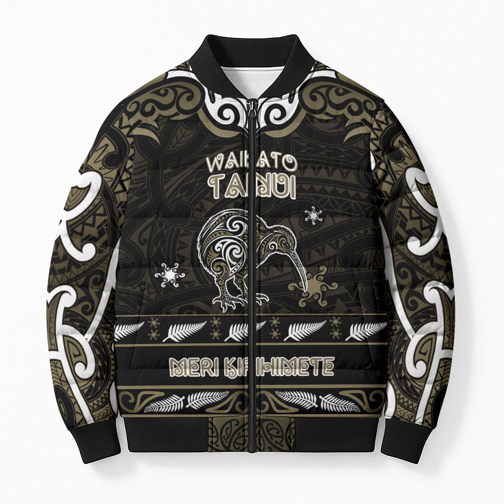 Personalised Waikato Tainui Aotearoa Meri Kirihimete Bomber Puffer Jacket Maori Kiwi Bird Silver Fern Koru Pattern