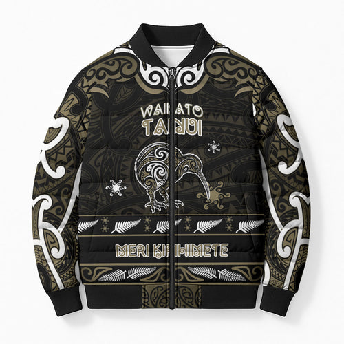 Personalised Waikato Tainui Aotearoa Meri Kirihimete Bomber Puffer Jacket Maori Kiwi Bird Silver Fern Koru Pattern