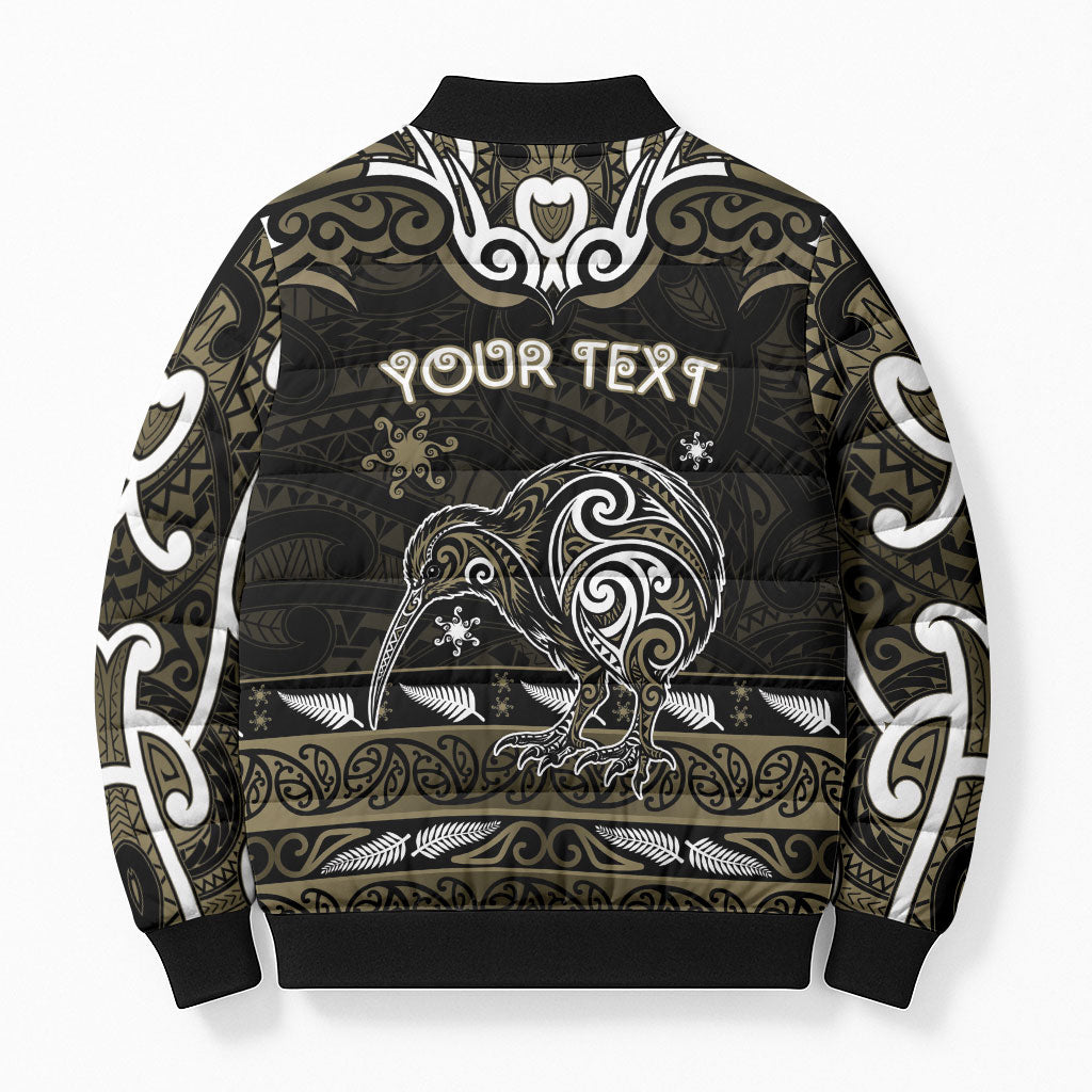 Personalised Waikato Tainui Aotearoa Meri Kirihimete Bomber Puffer Jacket Maori Kiwi Bird Silver Fern Koru Pattern
