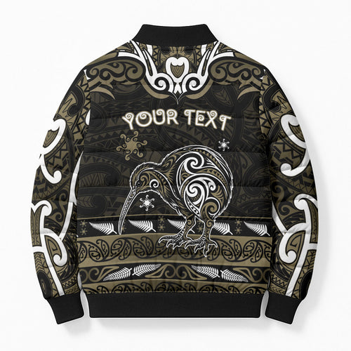 Personalised Waikato Tainui Aotearoa Meri Kirihimete Bomber Puffer Jacket Maori Kiwi Bird Silver Fern Koru Pattern