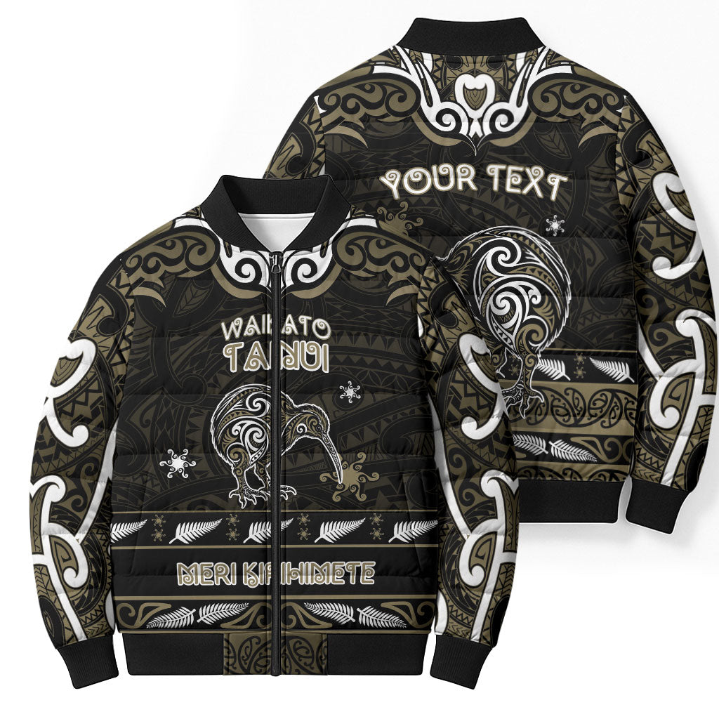 Personalised Waikato Tainui Aotearoa Meri Kirihimete Bomber Puffer Jacket Maori Kiwi Bird Silver Fern Koru Pattern