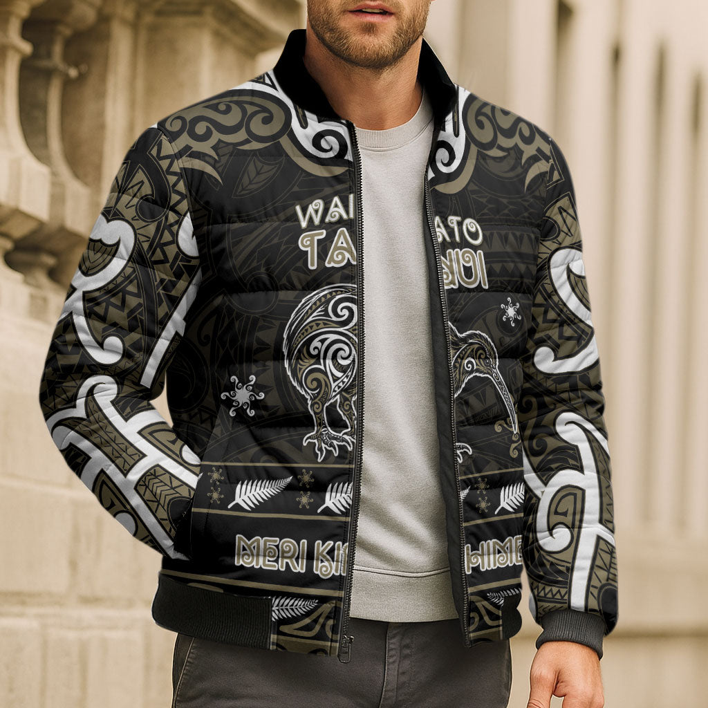 Personalised Waikato Tainui Aotearoa Meri Kirihimete Bomber Puffer Jacket Maori Kiwi Bird Silver Fern Koru Pattern