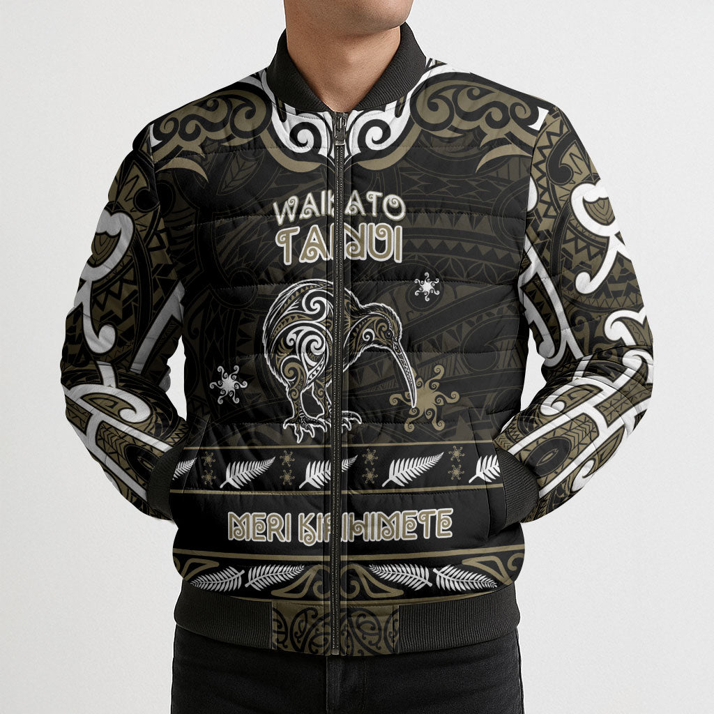 Personalised Waikato Tainui Aotearoa Meri Kirihimete Bomber Puffer Jacket Maori Kiwi Bird Silver Fern Koru Pattern