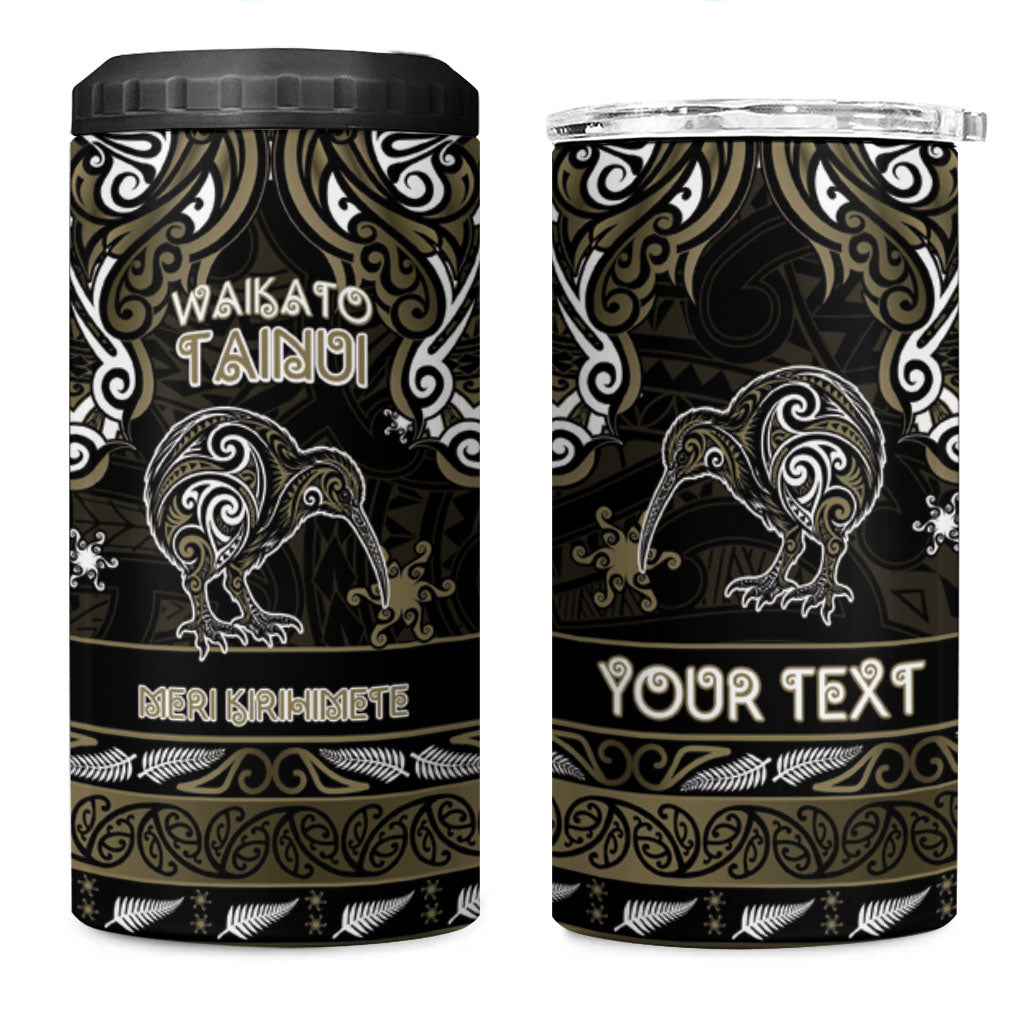 Personalised Waikato Tainui Aotearoa Meri Kirihimete 4 in 1 Can Cooler Tumbler Maori Kiwi Bird Silver Fern Koru Pattern