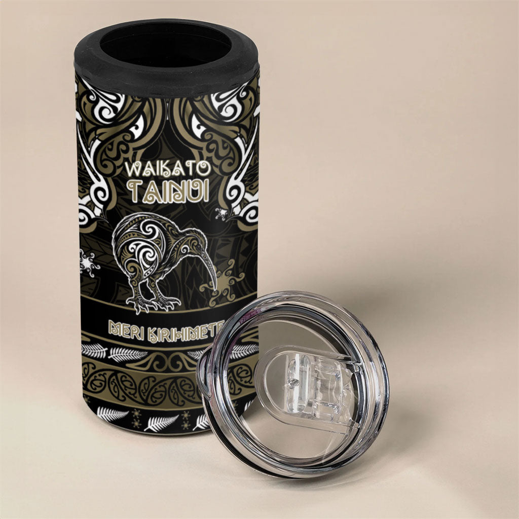 Personalised Waikato Tainui Aotearoa Meri Kirihimete 4 in 1 Can Cooler Tumbler Maori Kiwi Bird Silver Fern Koru Pattern